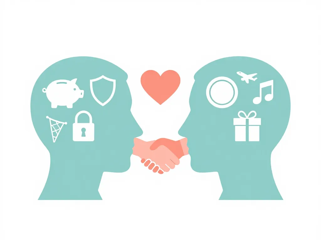 Illustration of two partner silhouettes showing different financial values—security icons in one, experience icons in the other—overlapping at a heart and handshake
