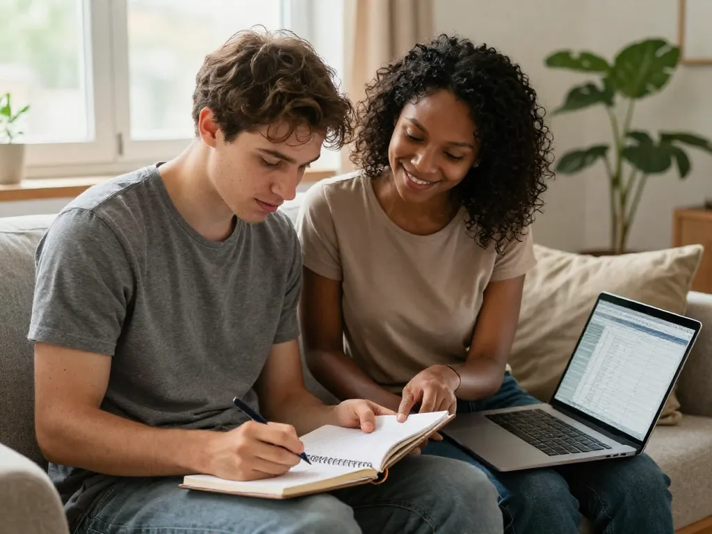 Couple collaborating on a financial plan together on the couch with notebook and laptop, looking calm and engaged
