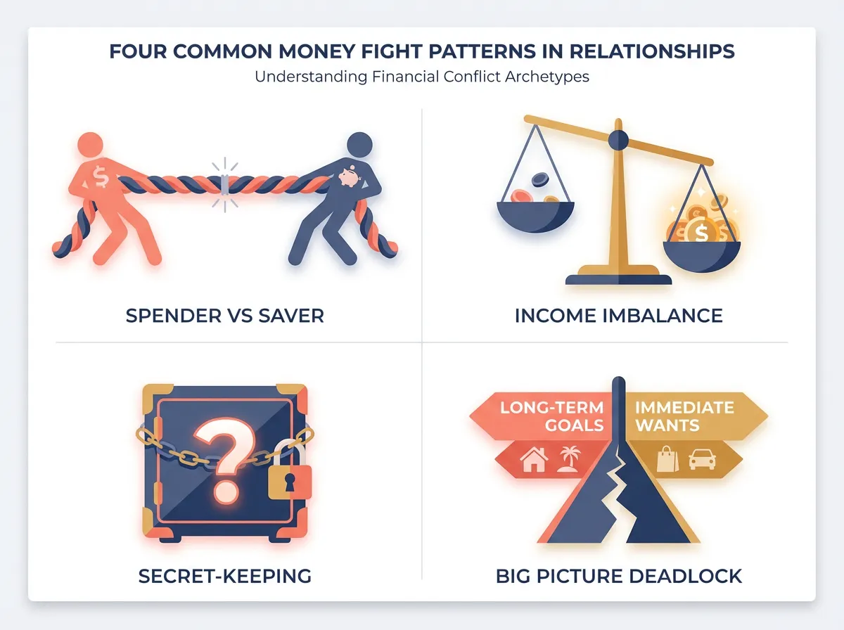 Infographic showing the four common money fight patterns in relationships: Spender vs Saver, Income Imbalance, Secret-Keeping, and Big Picture Deadlock