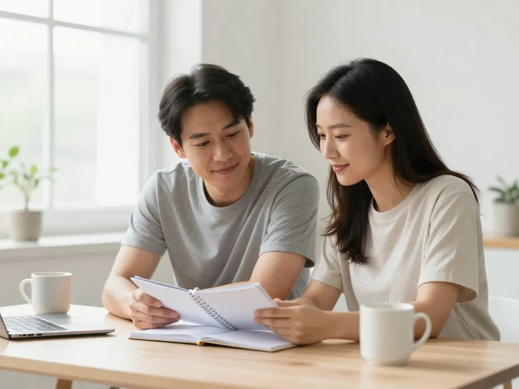 A couple calmly planning their finances together during a weekend morning money date