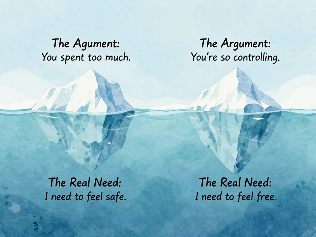 Iceberg illustration showing surface-level money arguments above water and deeper emotional needs below water