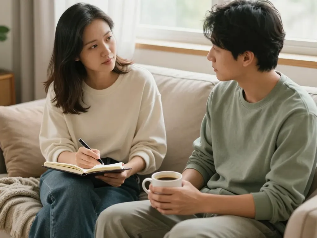 A couple having a calm, structured conversation about finances on their living room couch