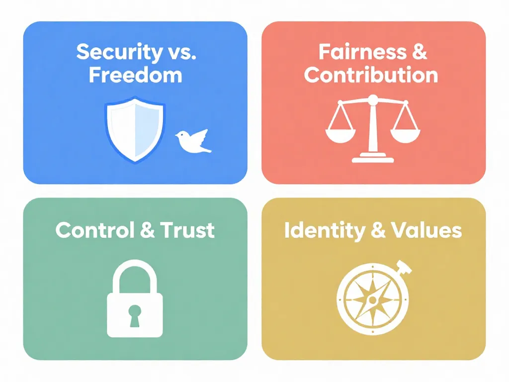 Infographic showing four types of hidden conflicts behind money fights: Security vs Freedom, Fairness and Contribution, Control and Trust, Identity and Values