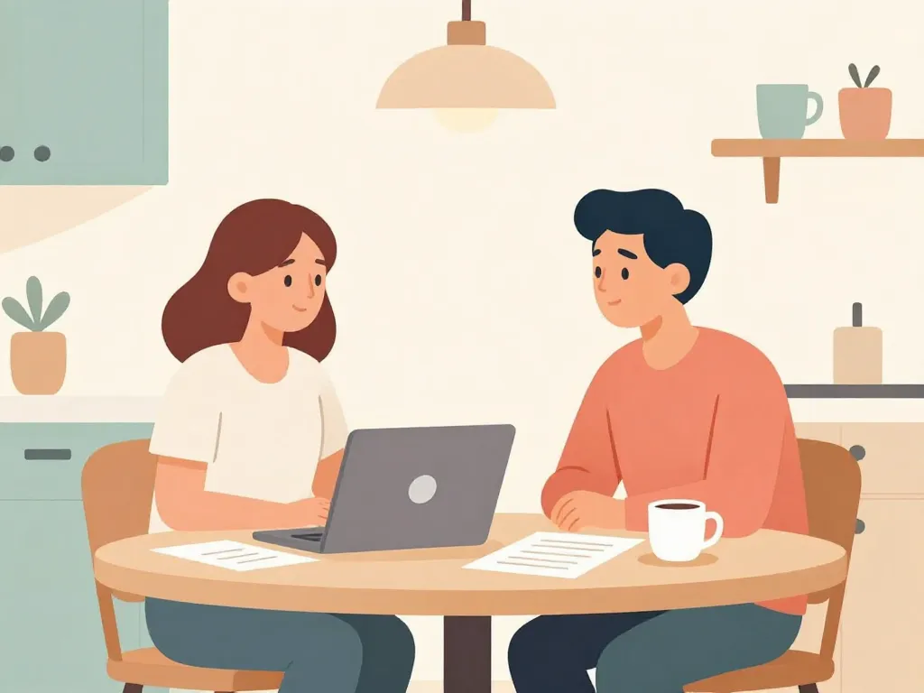 Illustration of a couple having a calm planning conversation at their kitchen table with a laptop and papers