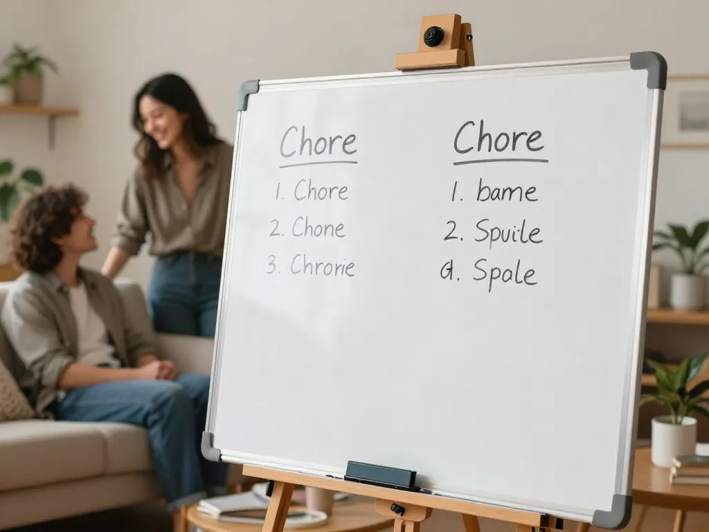 A whiteboard with household chore assignments in a cozy living room with a couple visible in the background