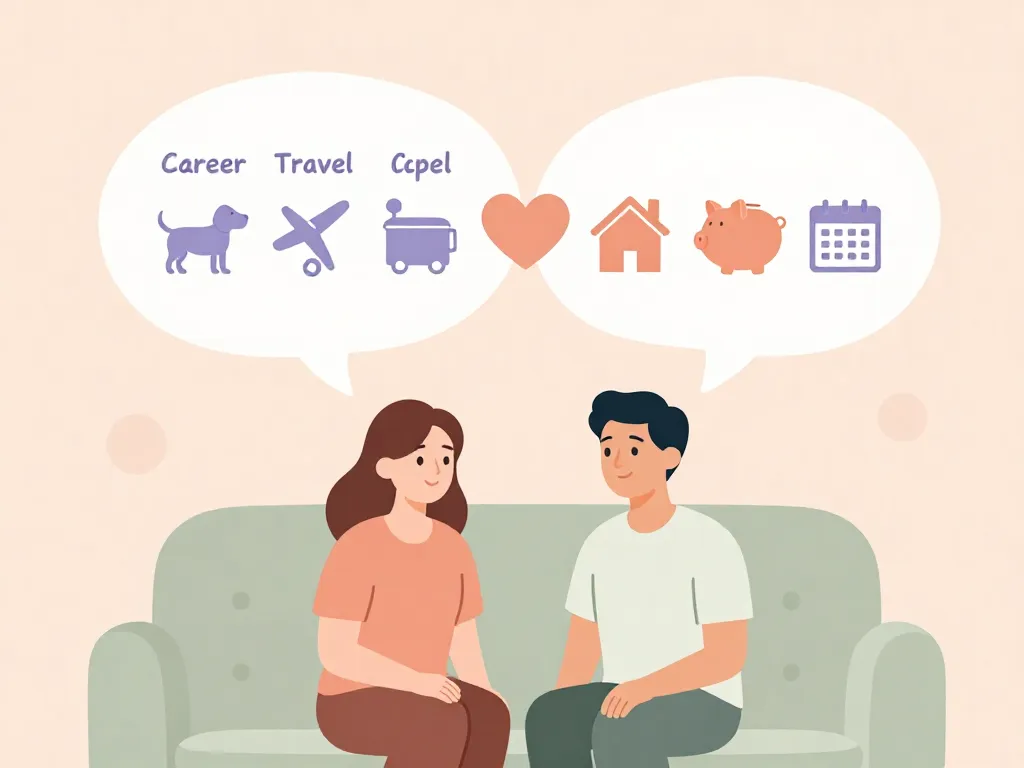 Illustration of a couple with overlapping thought bubbles showing their individual and shared future plans