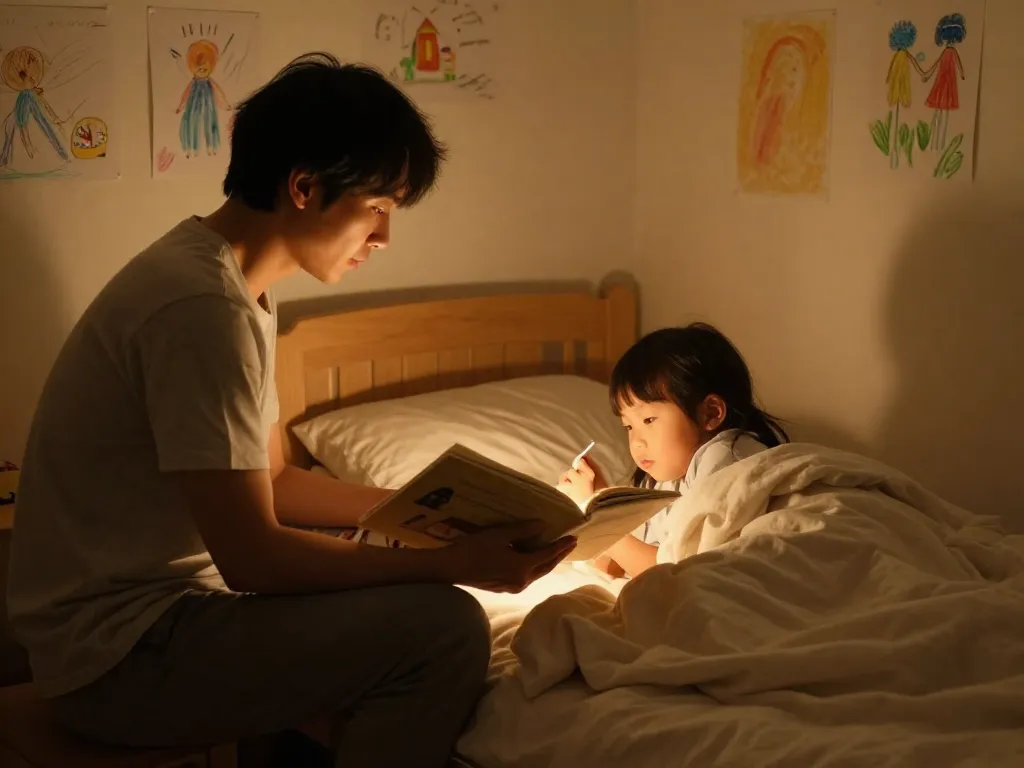A parent reads a bedtime story to a child tucked into bed, with a clock showing 8:30 in the warm glow of a nightlight