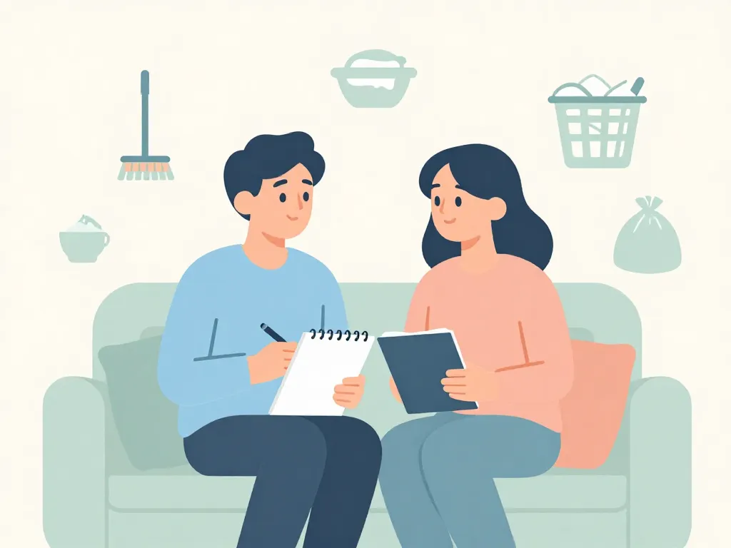 Illustration of a couple calmly discussing household chores together with task icons around them