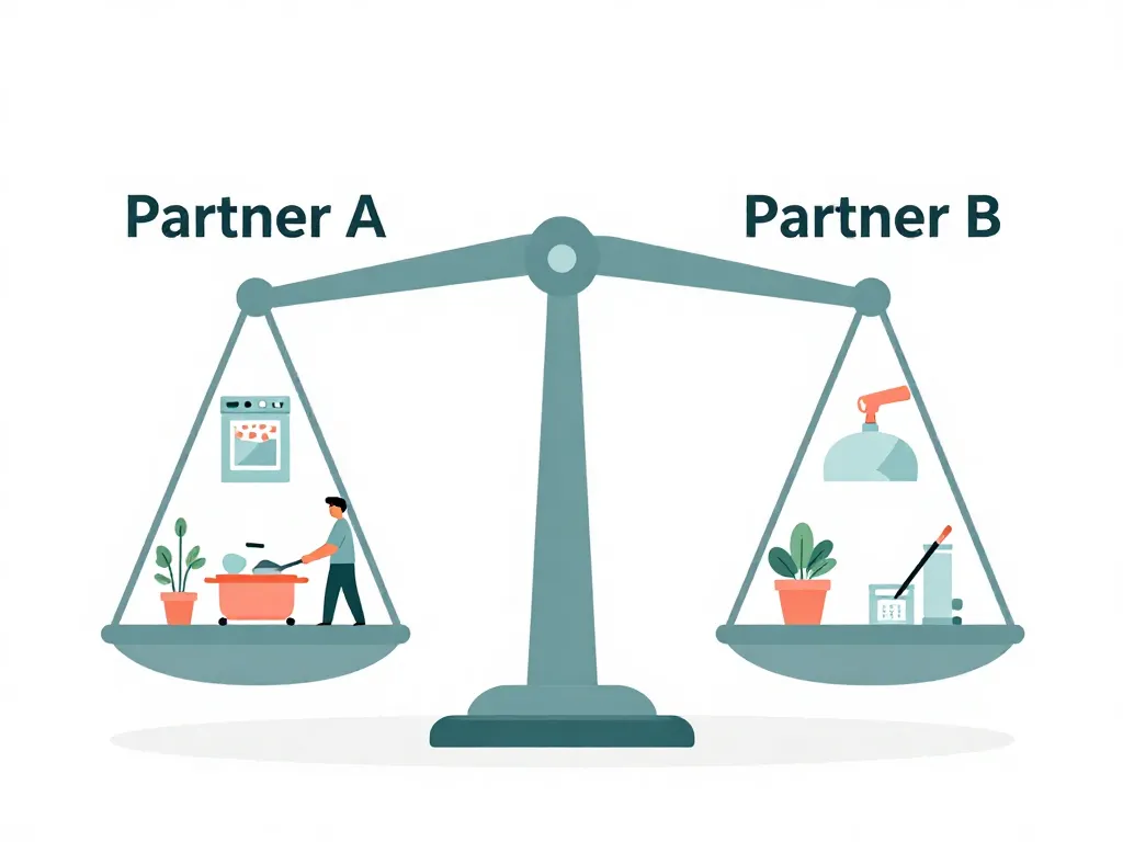Illustration of a balance scale showing different but equitable chore distribution between two partners