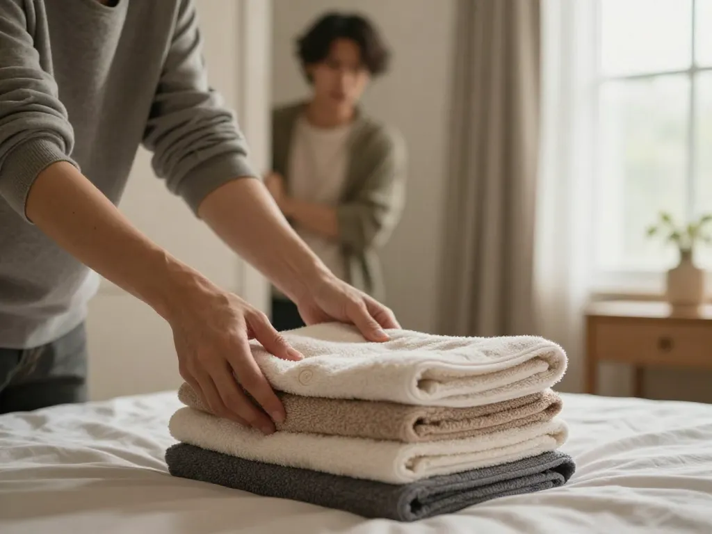 One partner re-folding already folded towels while the other watches with a discouraged look, illustrating chore gatekeeping