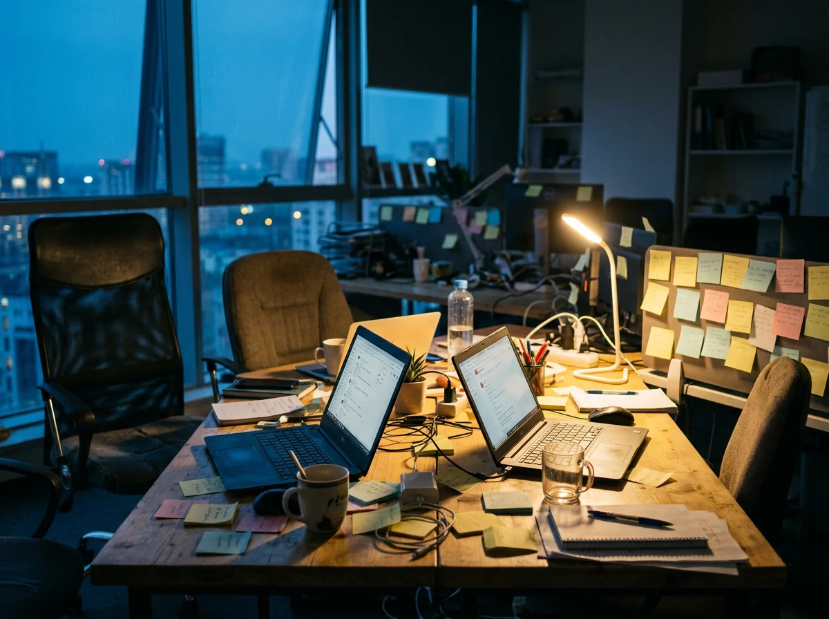 An empty startup workspace at dusk with two laptops facing each other across a desk
