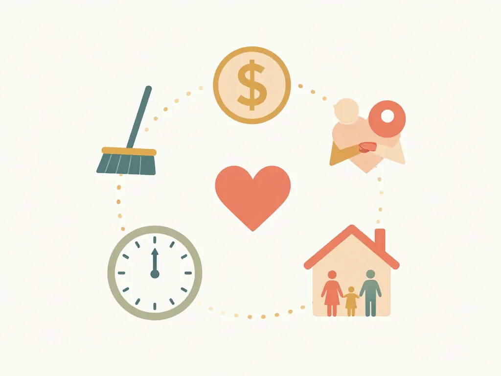 Illustration showing five common couple fight topics represented as icons: chores, money, intimacy, quality time, and family boundaries