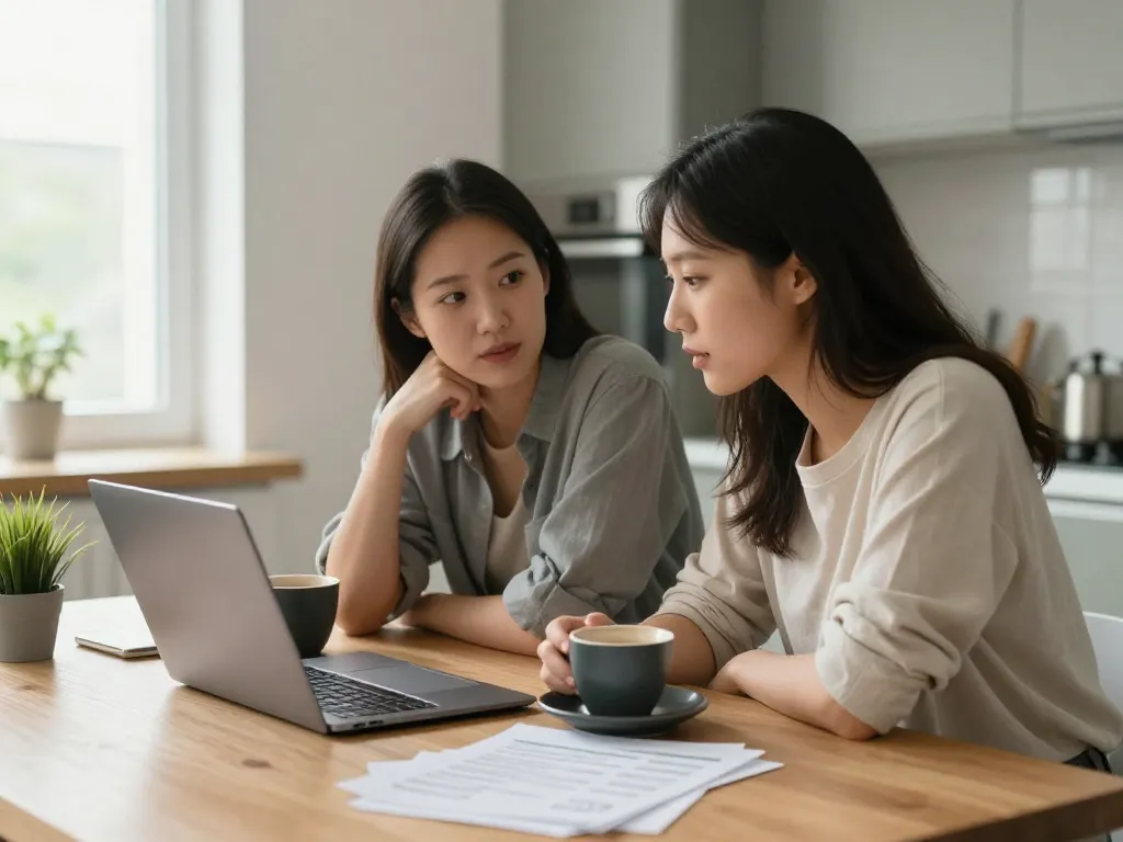 A couple having a calm financial discussion at a kitchen table with coffee and budget notes