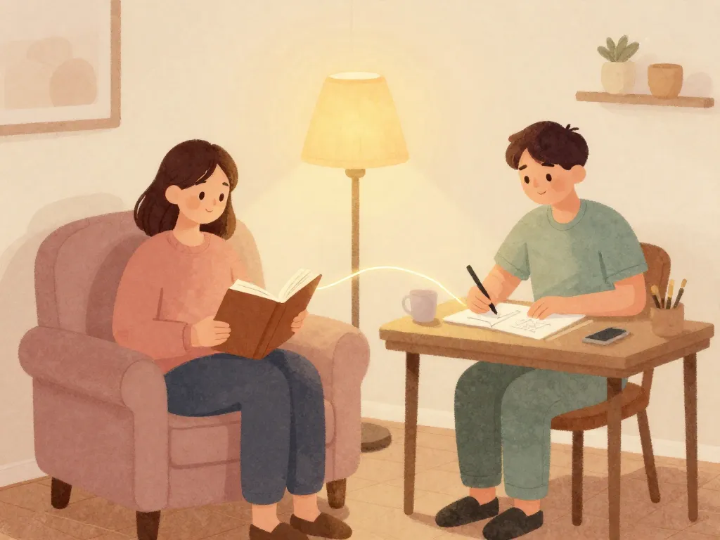 Illustration of a couple doing separate activities in the same room, connected by a symbolic golden thread representing quality time