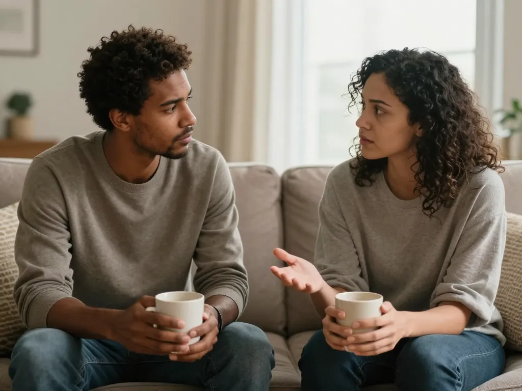 A couple having an honest, open conversation on a couch, representing the importance of discussing deeper needs behind financial arguments