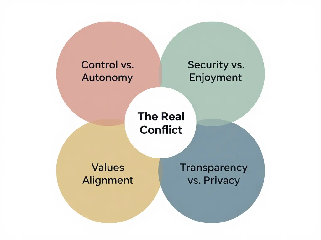 Illustration showing four hidden conflicts inside money fights: control vs autonomy, security vs enjoyment, transparency vs privacy, and values alignment