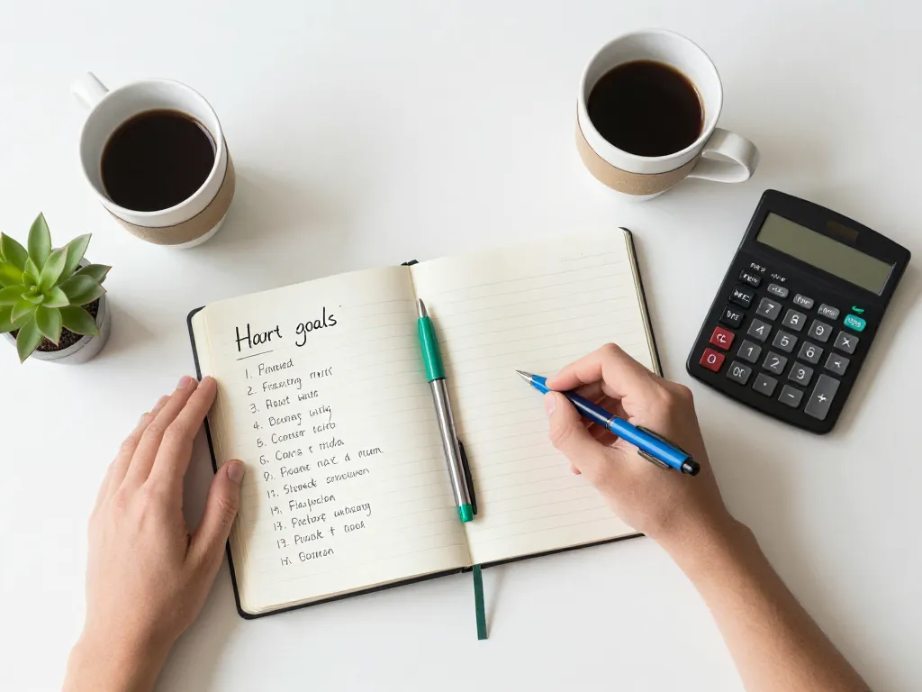 An overhead view of a shared financial planning workspace with a notebook, two pens, calculator, and coffee cups, symbolizing collaborative money management