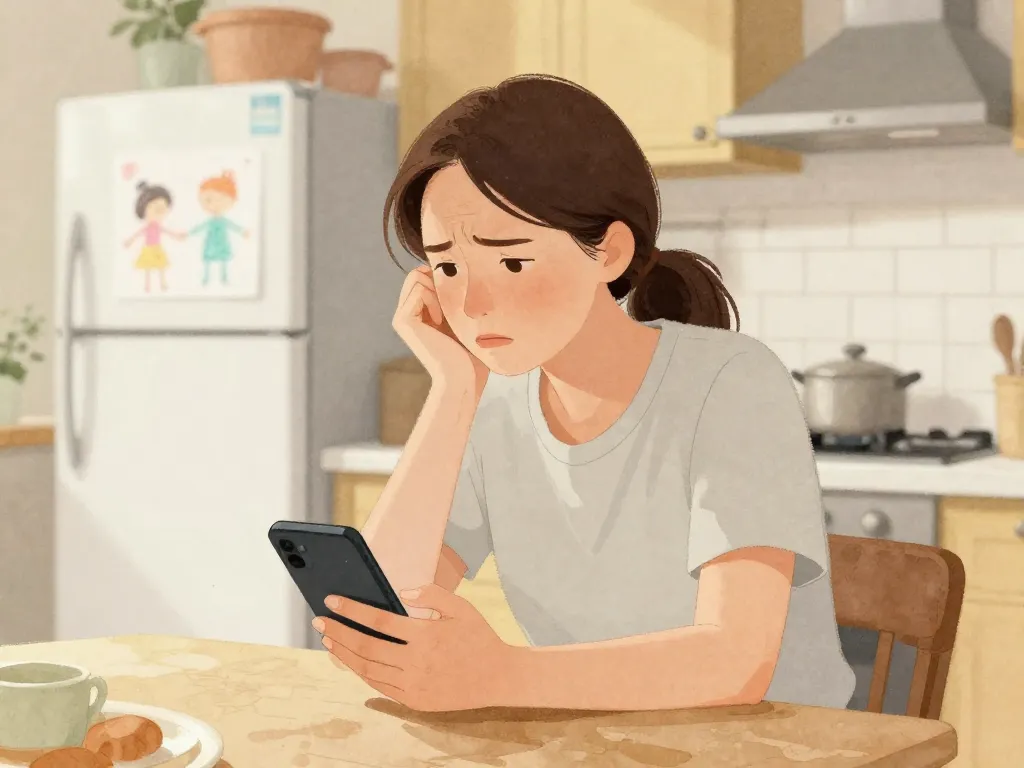 Illustration of a parent hesitating while reading a co-parenting text message on their phone at a kitchen table