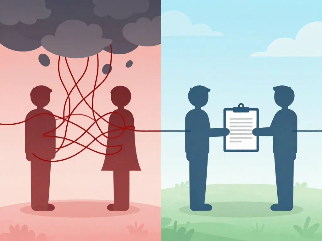 Split illustration contrasting chaotic old relationship patterns on the left with structured, calm co-parenting communication on the right