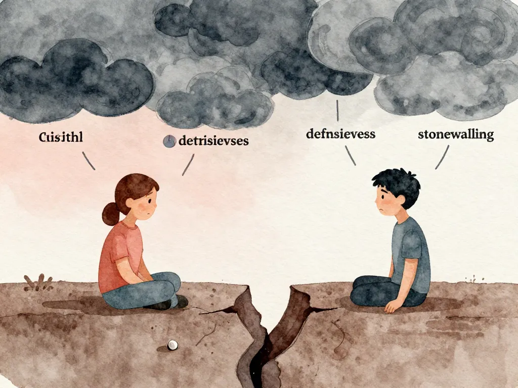 Illustration of two people facing each other across a divide with four storm clouds representing criticism, contempt, defensiveness, and stonewalling