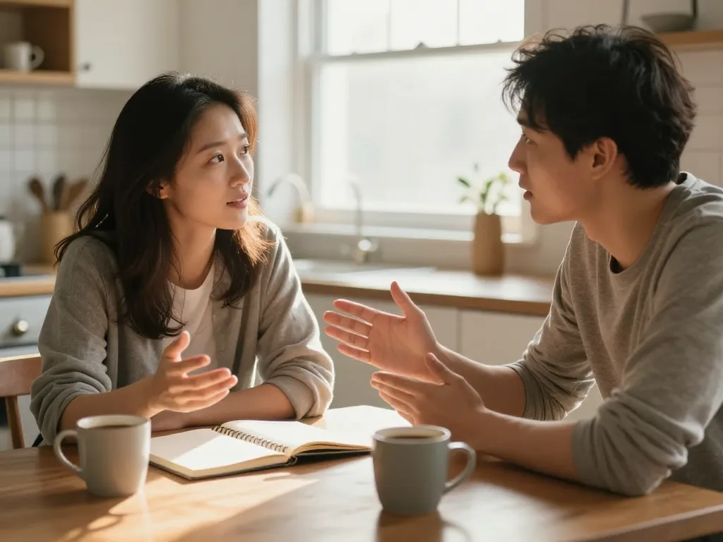 A couple having a calm, intentional conversation at a kitchen table with coffee and a notebook, bathed in warm morning light