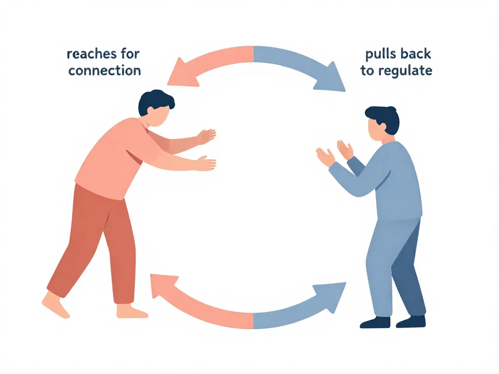 Illustration of the pursuer-withdrawer cycle showing one partner reaching out while the other pulls away in a repeating loop
