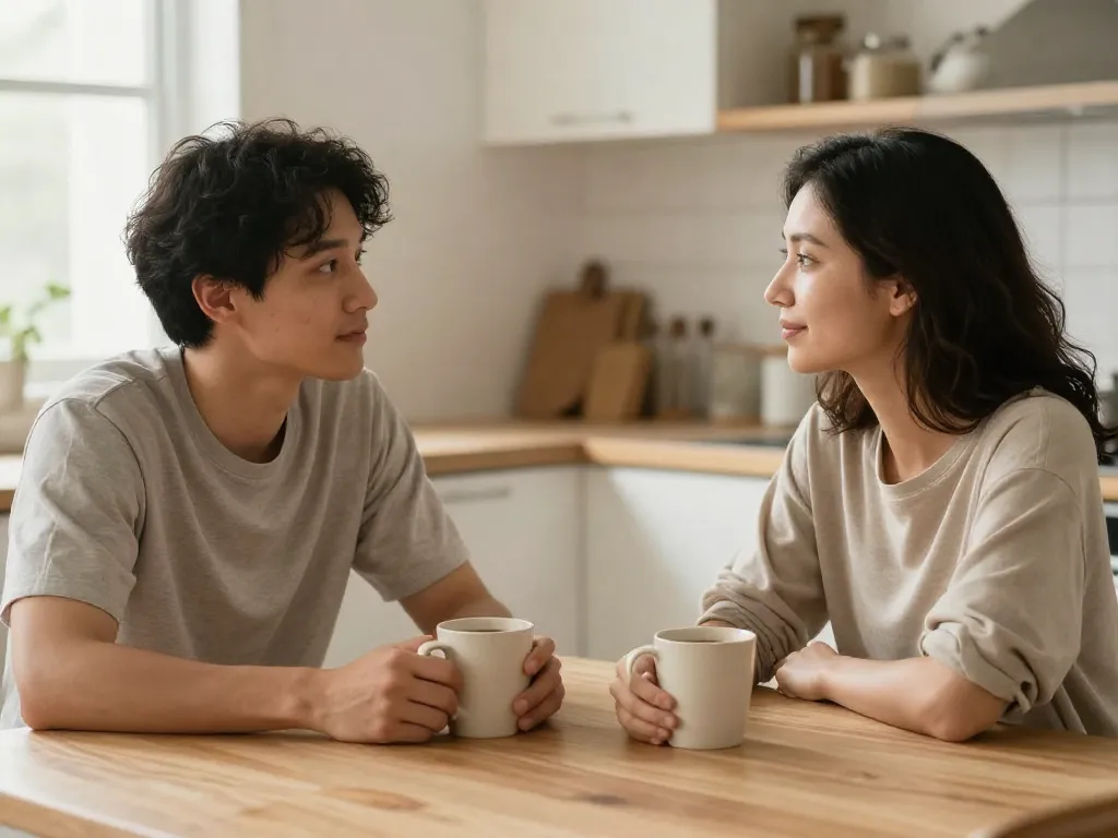 A couple having a calm morning conversation over coffee, representing a ritual of connection