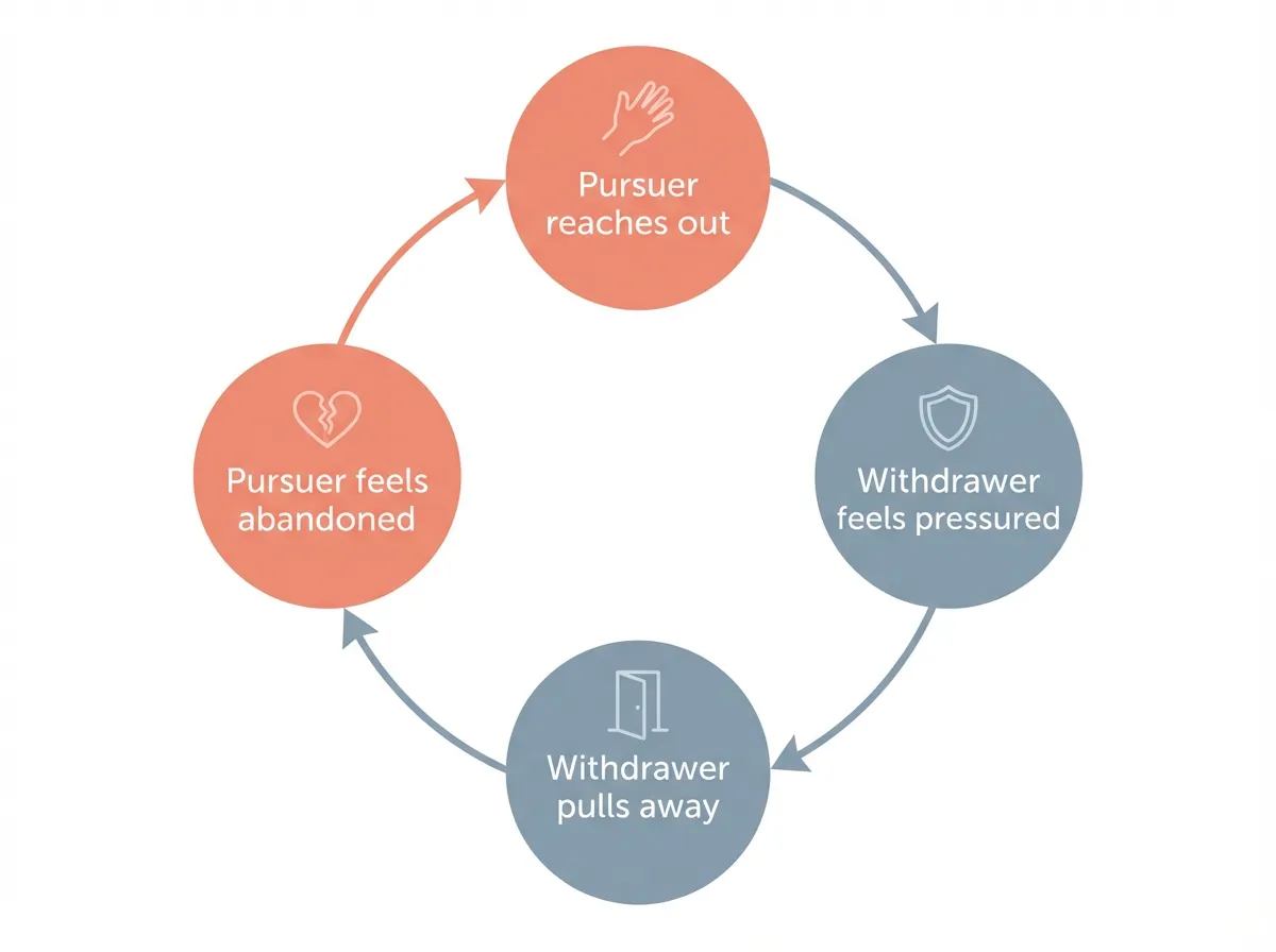 Circular diagram showing the four stages of the pursue-withdraw cycle: reaching out, feeling pressured, pulling away, feeling abandoned