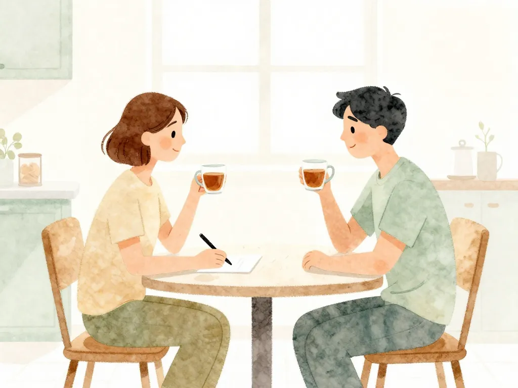 Watercolor illustration of a couple sitting together at a table writing a reconnection agreement over coffee