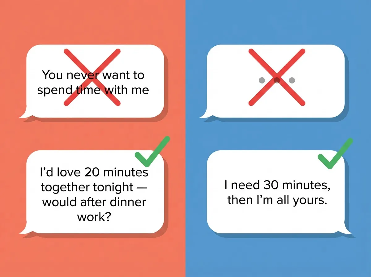 Side-by-side comparison showing ineffective versus effective communication scripts for pursuers and withdrawers