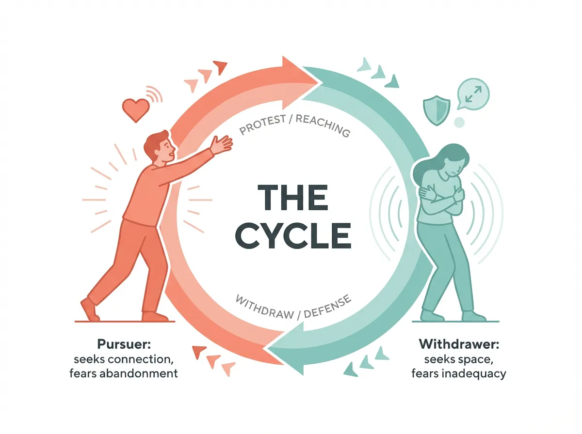 Circular diagram showing the pursue-withdraw cycle with a pursuer seeking connection on one side and a withdrawer seeking space on the other, connected by escalating arrows