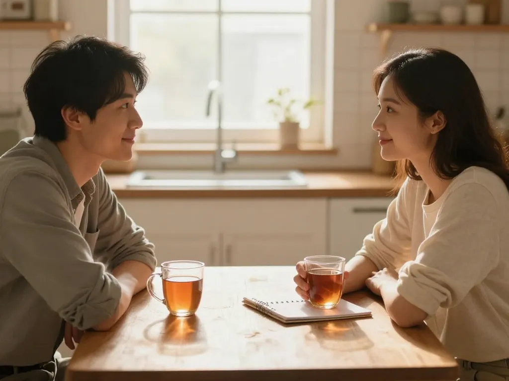 A couple having a calm, connected conversation over tea at their kitchen table with a journal between them, representing a structured relationship check-in