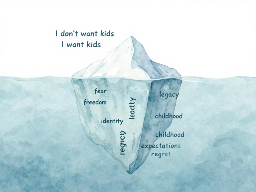 Watercolor iceberg illustration showing stated positions about wanting or not wanting kids above water, with deeper emotions like fear, identity, and legacy below the surface