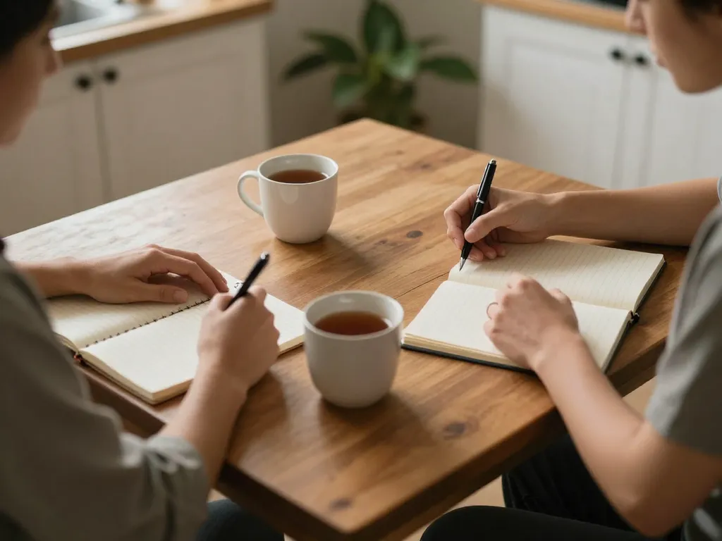 Two people sitting across a small table with notebooks and coffee, engaged in a calm intentional conversation