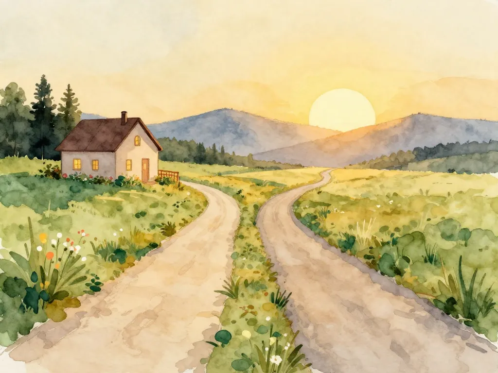 Watercolor illustration of two beautiful paths diverging, one toward a cozy home and one toward an open horizon, symbolizing different life choices