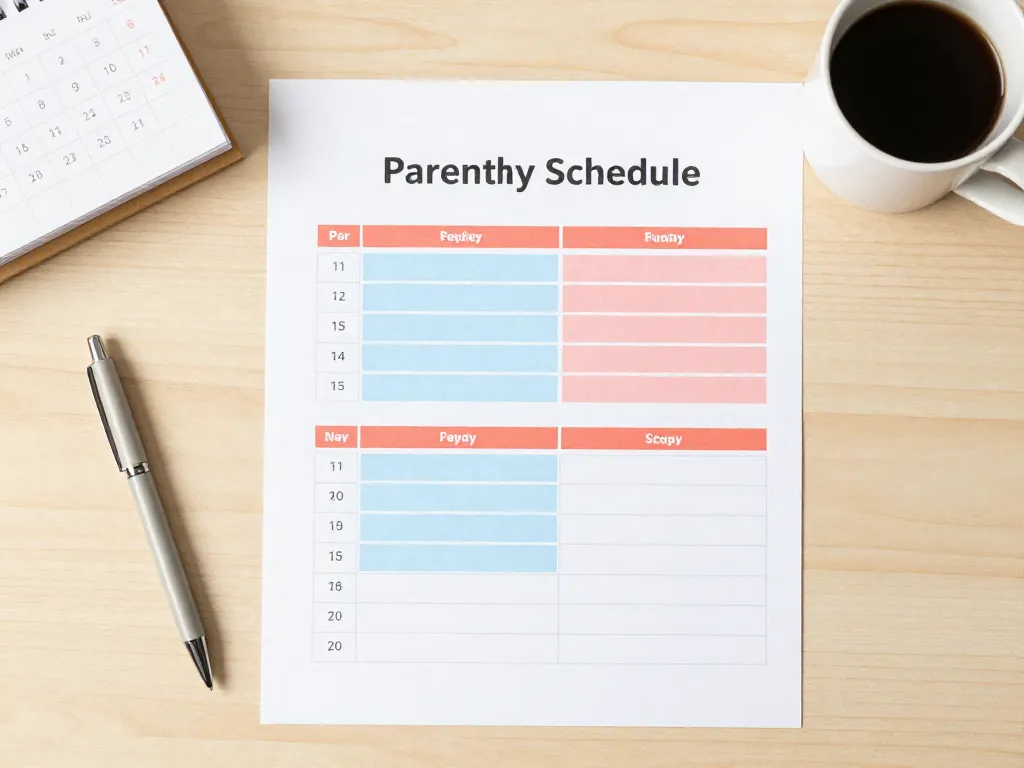 Organized parenting schedule with color-coded time blocks for each parent laid out on a clean desk