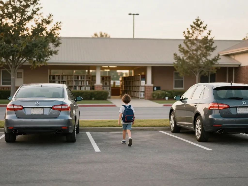 Child walking calmly between two cars at a neutral exchange location during a parallel parenting custody exchange