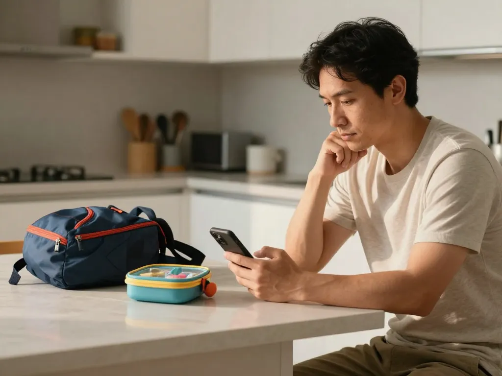 A parent thoughtfully reading a coparenting message on their phone during a calm morning routine