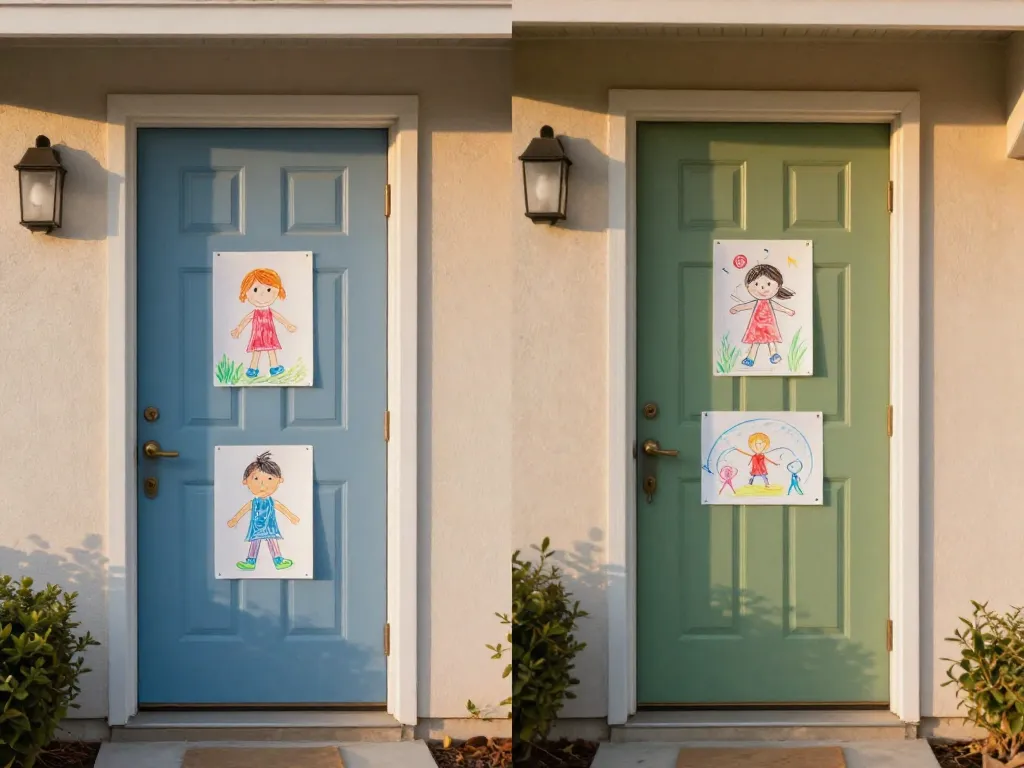 Two neighboring front doors each decorated with children's artwork, representing two loving coparenting homes