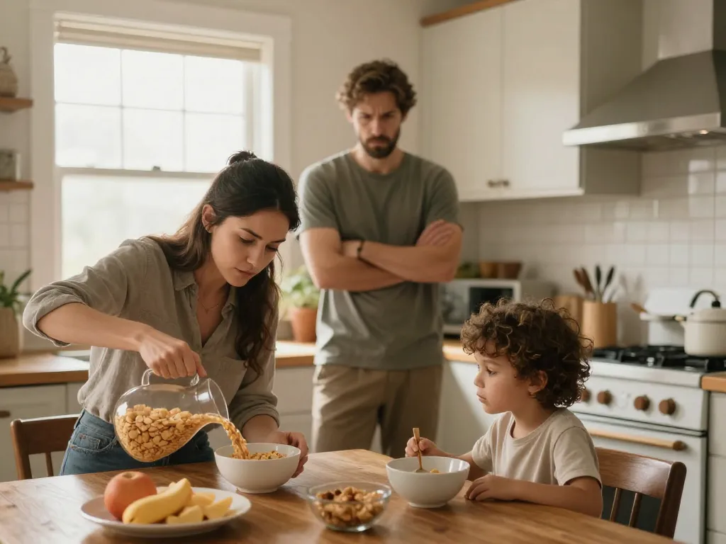 Two parents in a kitchen with their child during a morning routine, showing subtle tension about a parenting decision