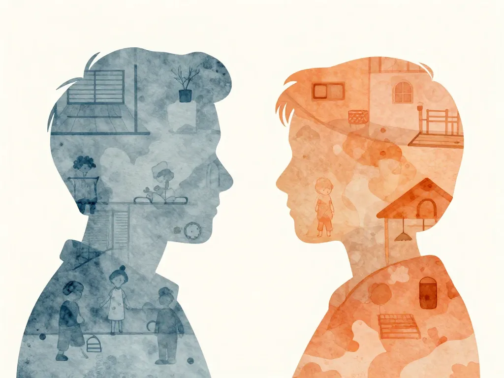 Illustration of two adult silhouettes with different childhood scenes inside each, representing how family-of-origin patterns shape parenting styles