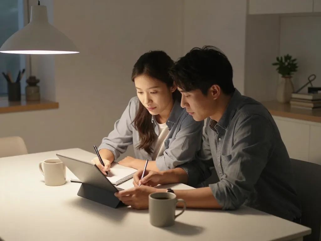 A couple sitting together at a table working on a shared parenting plan, warm evening lighting conveying collaboration and partnership