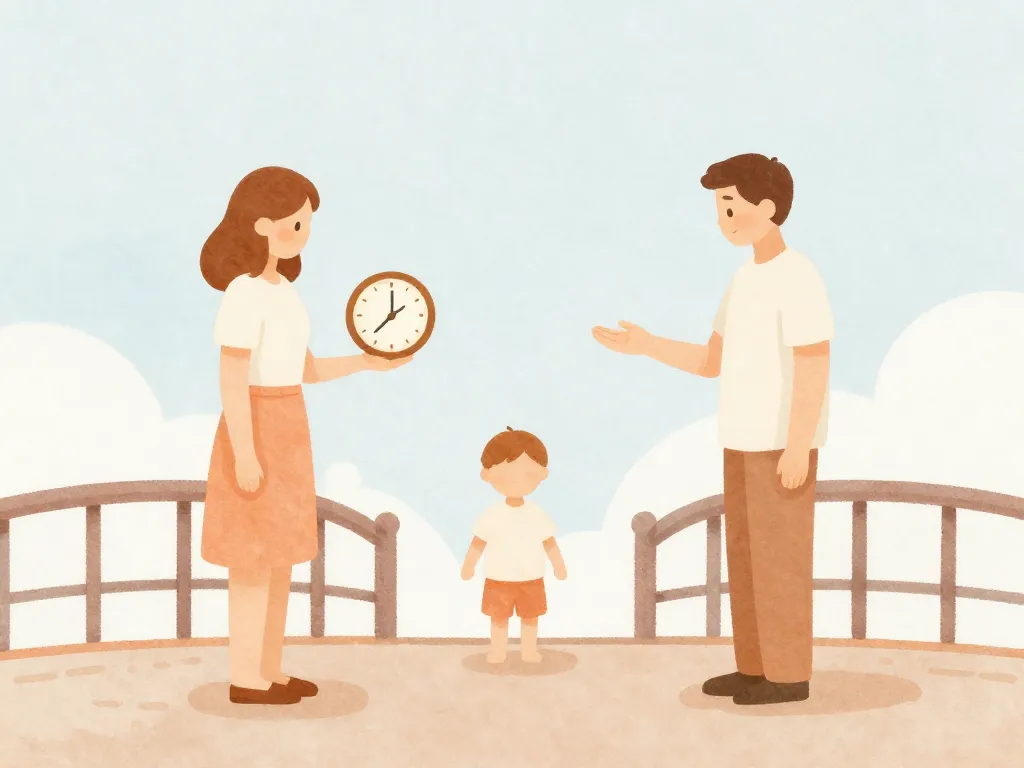 Illustration of two parents on opposite sides of a bridge with a child in the middle, symbolizing different parenting approaches