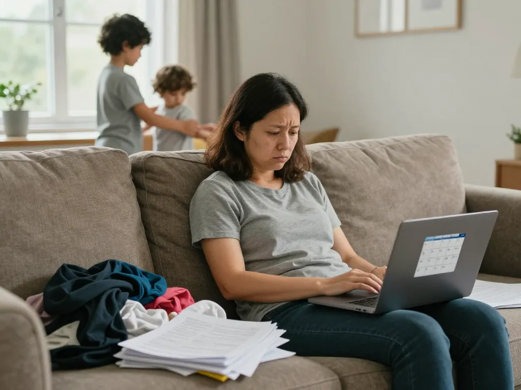 A tired parent surrounded by household tasks while the other parent plays with a child in the background, illustrating the parenting labor imbalance