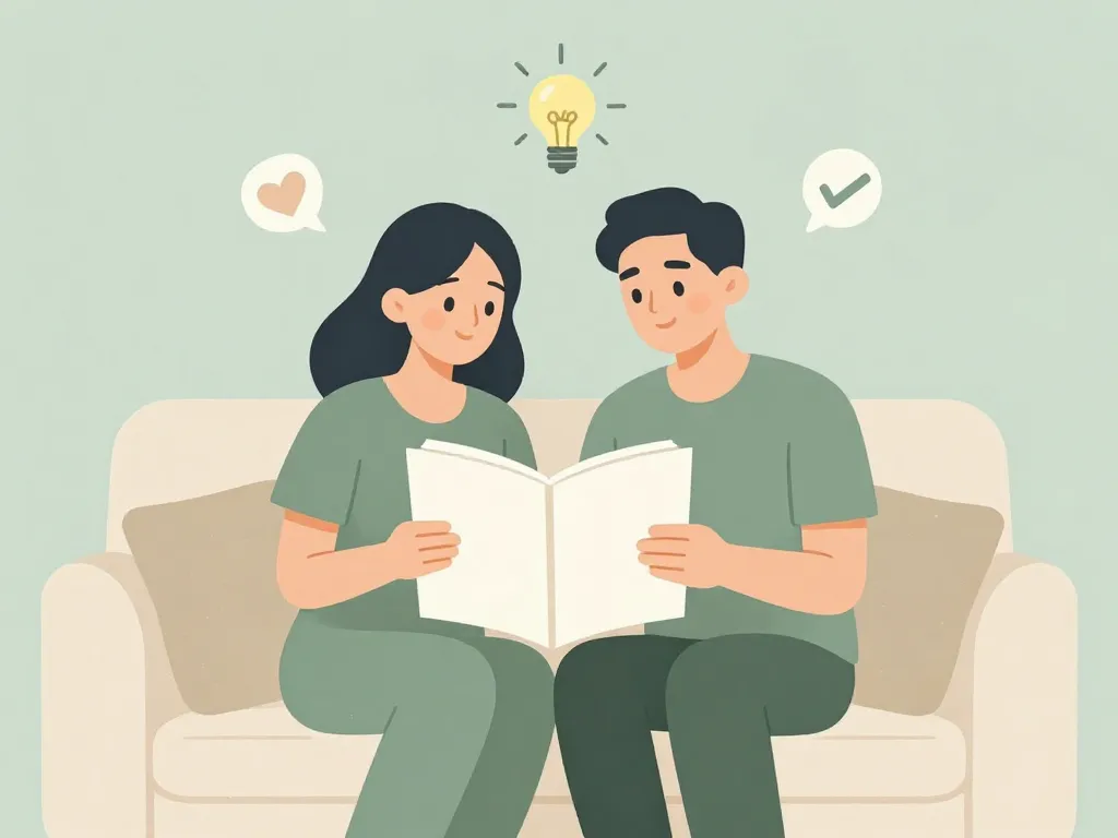 Illustration of a couple sitting together reviewing shared notes, representing a collaborative parenting check-in conversation