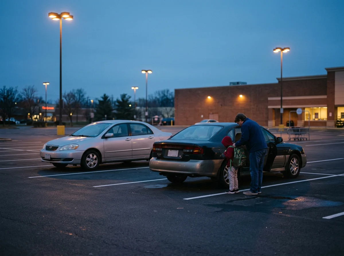 A child with a backpack being handed off between two cars in a parking lot at dusk