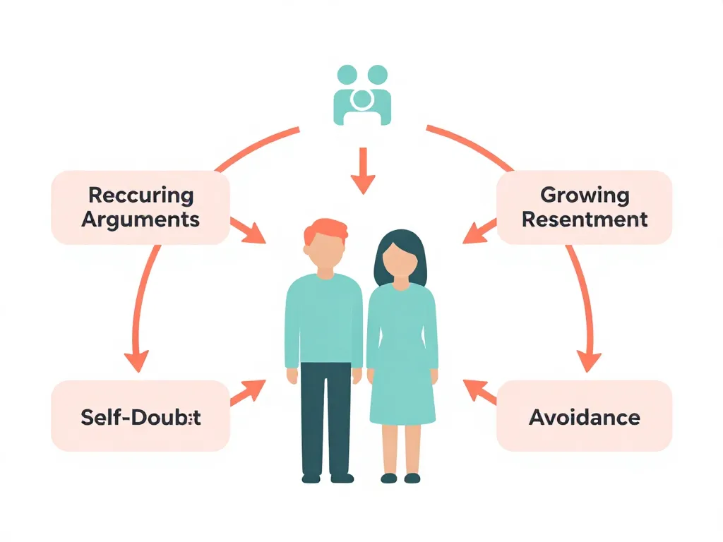 Illustration showing how in-law rejection cascades into recurring arguments, resentment, self-doubt, and avoidance patterns in a relationship
