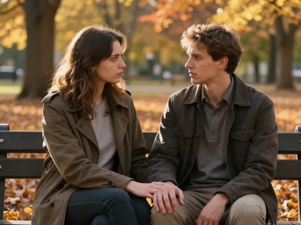 A couple sitting on a park bench having an earnest, connected conversation about a difficult topic
