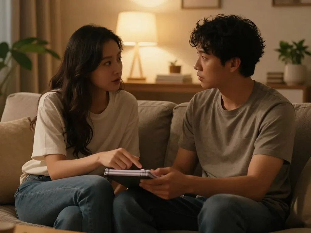 A couple sits together on a couch reviewing a planner, having a calm and collaborative conversation about their upcoming weekend plans