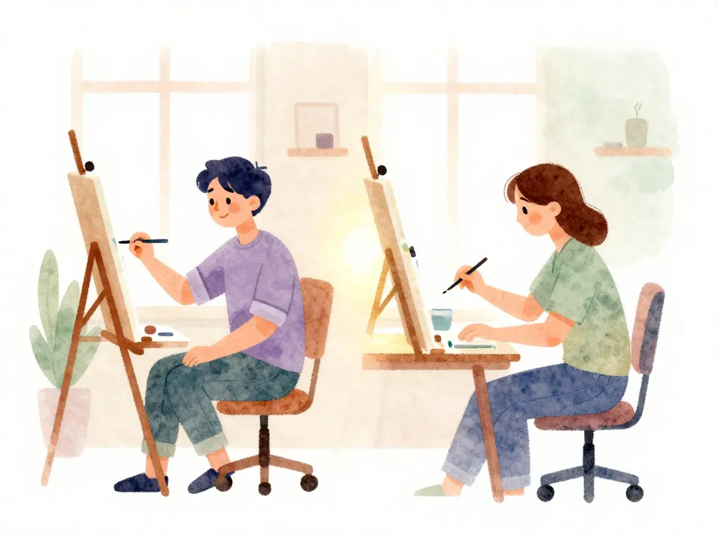 Watercolor illustration of two partners engaged in separate fulfilling activities while remaining emotionally connected, symbolizing healthy independence within a relationship